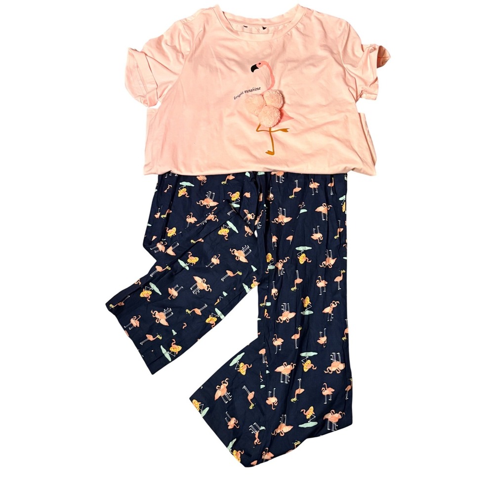 Old Navy Pajama Set Womens XS Pink Navy Good Flamingo 3D Pom‎ Pom Loungewear